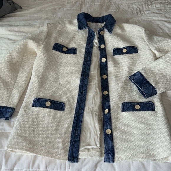 SANDRO Chelby Tweed Denim Jacket White Blue Coat 38 6 Medium - Picture 7 of 10
